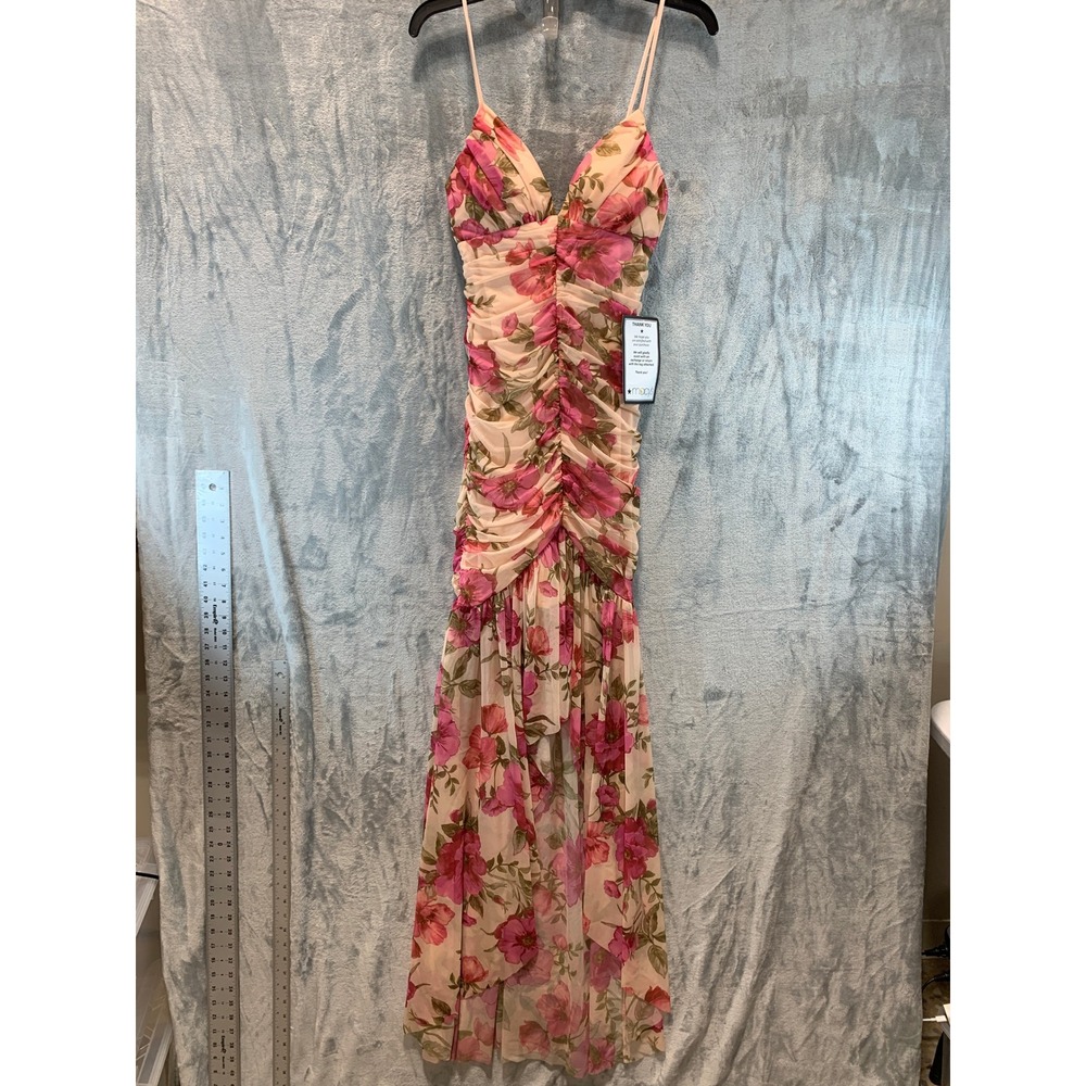 Katia Rae Pink Floral Mesh Ruched High-Low Maxi Dress BBL5741 Small NWT